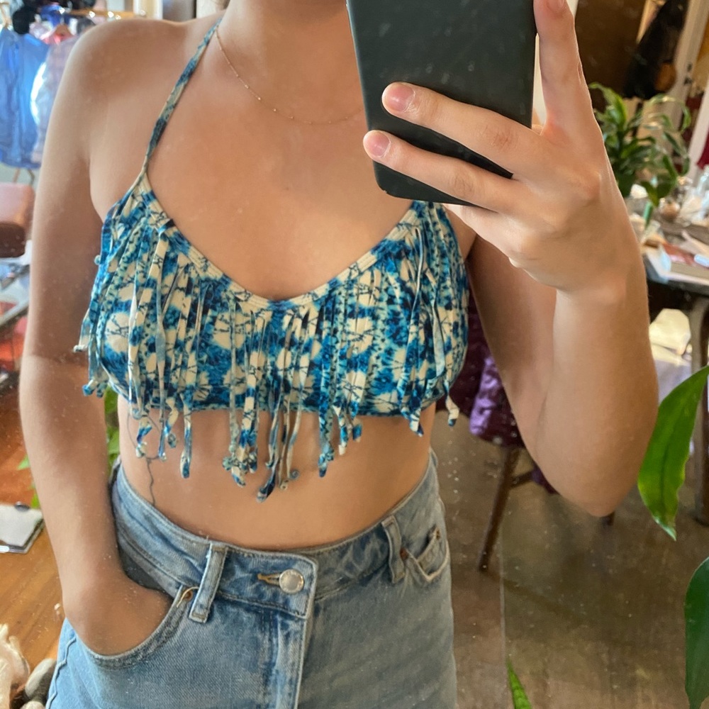 Blue TieDye Fringe Bathing Suit Top (Pacsun Small)
